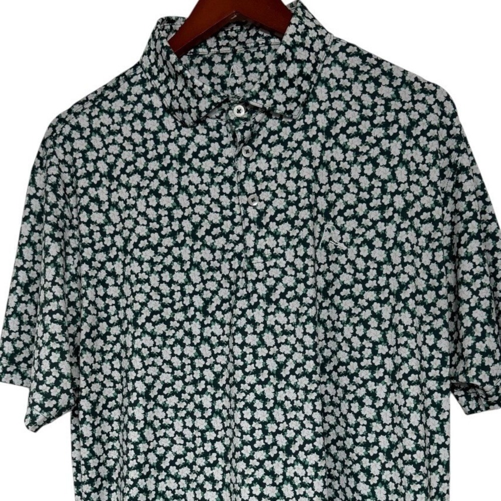Rhoback Mens Performance Polo Shirt Large Green White Floral Golf Short Sleeve